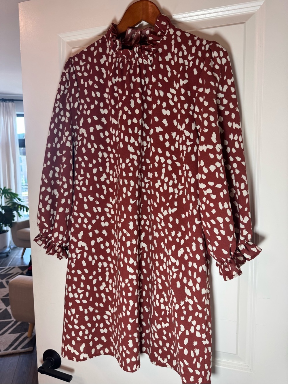 entro Rust-Red and White Ruffle-Neck Mini Dress